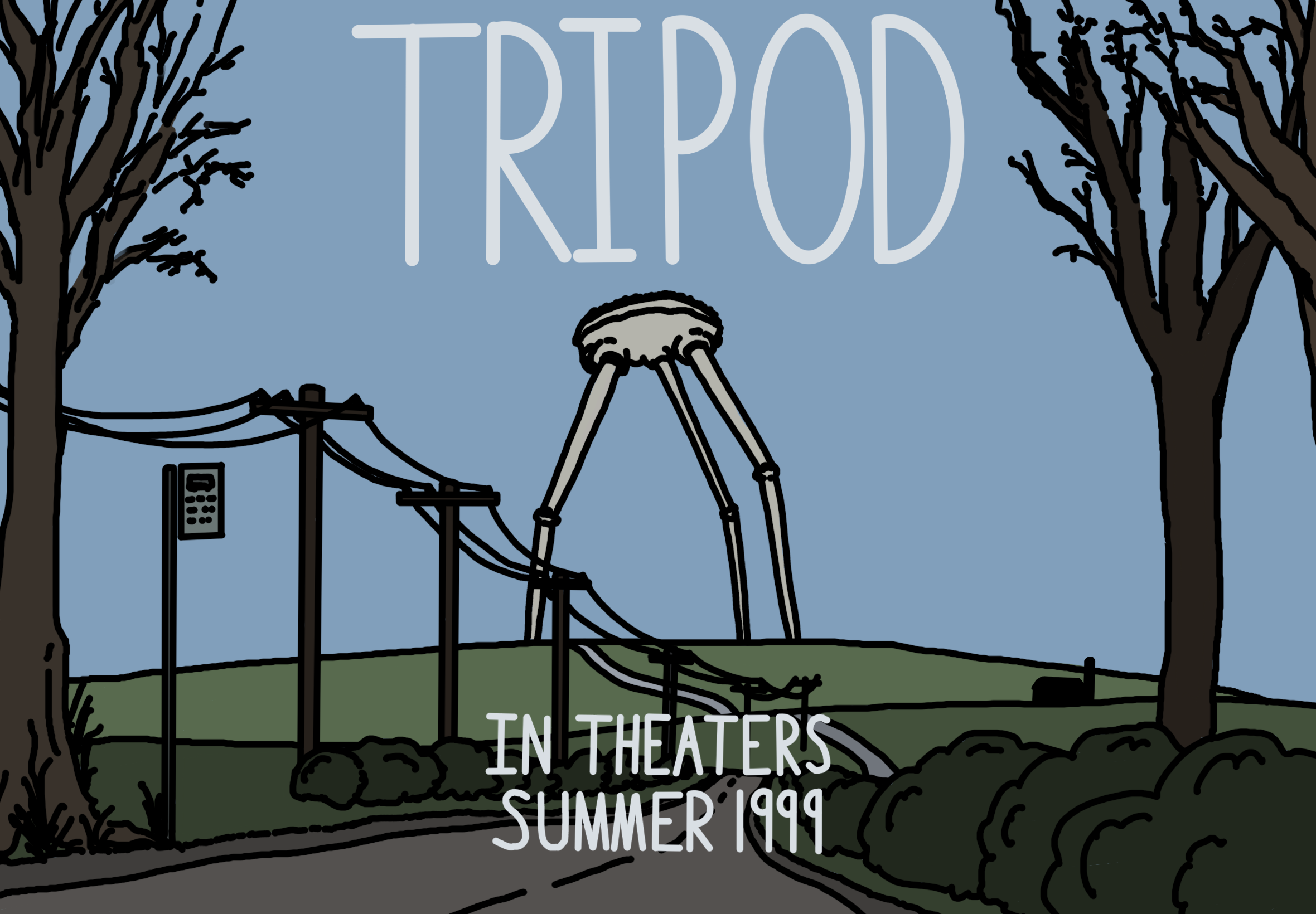 Poster used in the game UFO Chaser. A fictional movie poster for the film 'TRIPOD - in theaters Summer 1999'. The image is a hilly landscape with small bushes and trees and a telephone line, in the distance is a large grey 'War of the Worlds' style tripod alien monster looming over the landscape.
